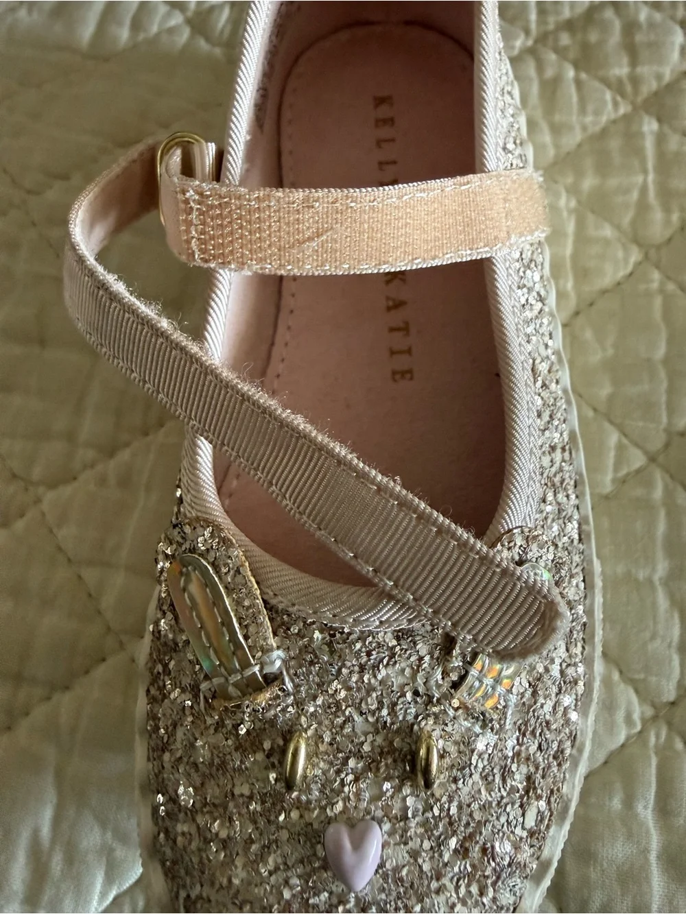 Kelly & Katie Girls' Gold Glitter Bunny Mary Janes with Pink Heart